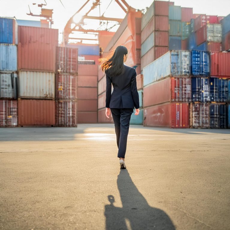 Firefly-A-female-in-a-business-suit-walking-around-in-a-container-yard-18072